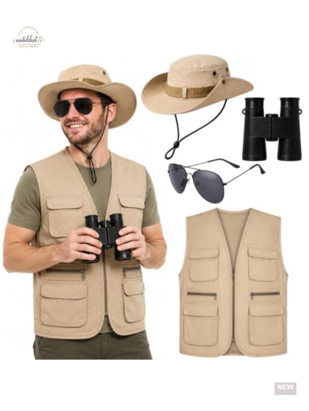Men's Safari Costume Set 4 Pc Explorer Vest Hat Sunglasses Binoculars